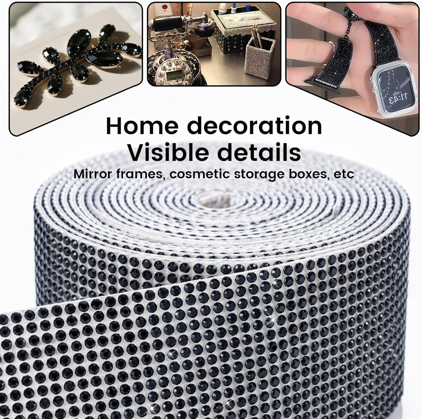 Novani Self Adhesive Rhinestone Ribbon, 1.53 Inch Wide 3 Yards 1 Roll, Black Crystal Diamond Bling Strips for DIY Crafts, Home Decor, Clothing,Shoes, Car Decoration（Black）