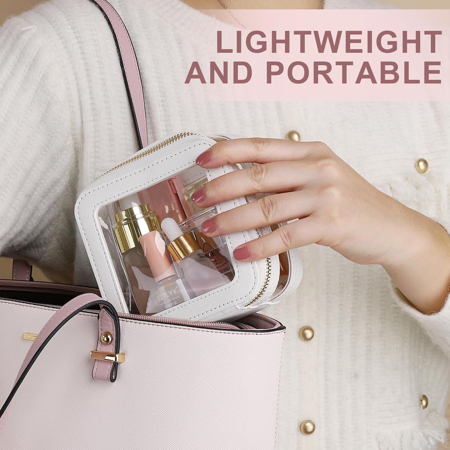 Pinkmik Travel Makeup Bag Set Portable Clear Cosmetic & Toiletry Case Women's Purse Organizer and Car Essentials with Zipper (White, M+MINI-2)