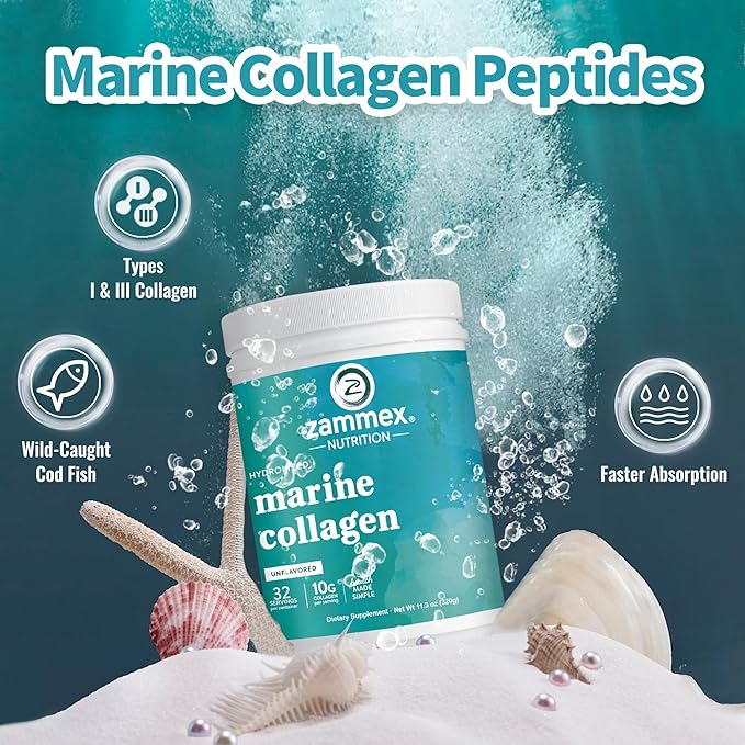 Zammex Marine Collagen Peptides Powder Unflavored, Wild-Caught Fish Collagen Powder, Supports Healthy Skin, Hair, Joints, Type 1 & 3 Collagen Supplement for Women - Easy to Mix. (32 Servings)