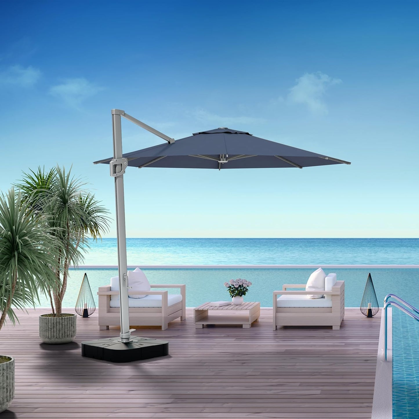 Midtown Umbrellas 10 Ft Outdoor Cantilever Patio Umbrella w/Terylast Light Navy Fabric - Rotate Tilt 360° Offset Patio Umbrella, Deck Patio Umbrella, Backyard Umbrella & Garden Umbrella - Silver Frame