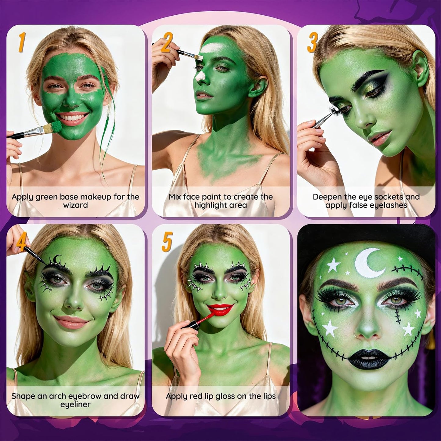 Halloween for Witch Makeup Kit, Professional Halloween SFX Makeup Set for Witch Costumes, Non-Toxic Water-Based Face Paint Set with Green Face Paint, Eyeliner for Cosplay,Stage, Party