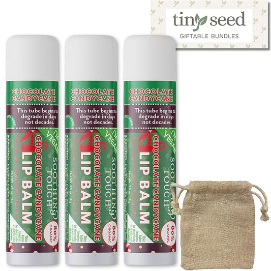 Vegan Lip Balm Set - Pack of 3 Chocolate Candy Cane Lip Balms from Soothing Touch. Large 0.25 oz size. Includes Bonus Muslin Pouch (3 x 4 in). Unique Gift Bundle from Tiny Seed