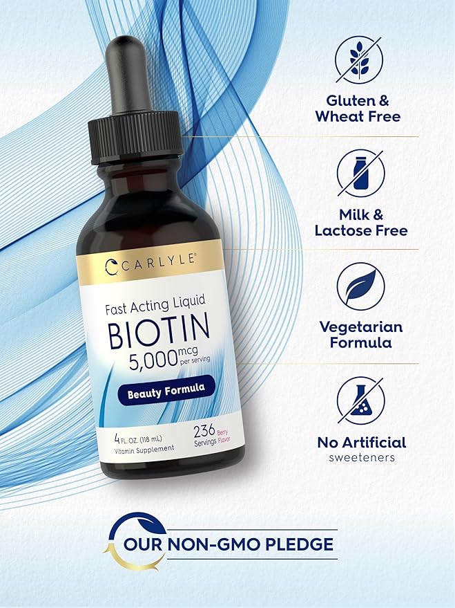 Carlyle Biotin 5000mcg Liquid Drops | 4 fl oz | for Women and Men | Berry Flavor | Beauty Formula | Vegetarian, Non-GMO & Gluten Free Supplement