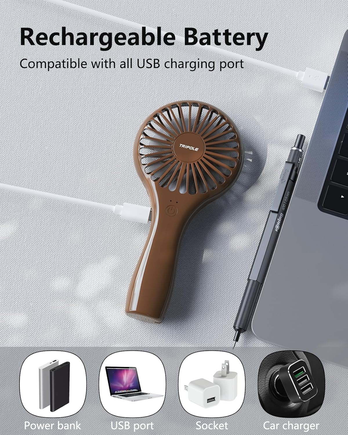 TriPole Mini Handheld Fan - Portable, Rechargeable Battery Operated, Personal Compact Size, Speed Adjustable, Small Eyelash Fan for Kids Women Summer Outdoor Travel Trip Concerts, Brown