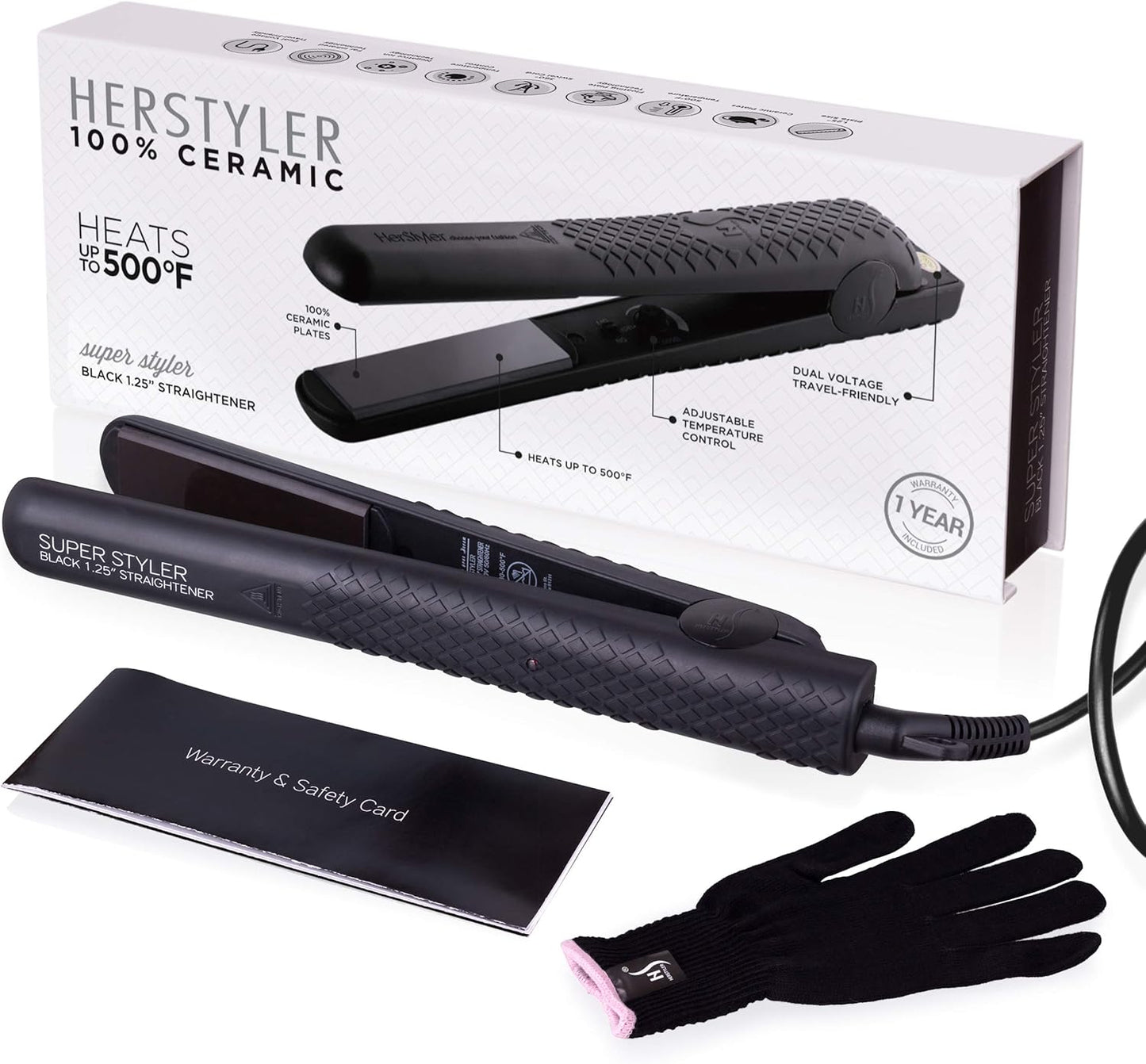 Herstyler Superstyler Onyx Ceramic Flat Iron - Ceramic Hair Straightener with Adjustable Temperature - Travel-Friendly Dual Voltage Flat Iron