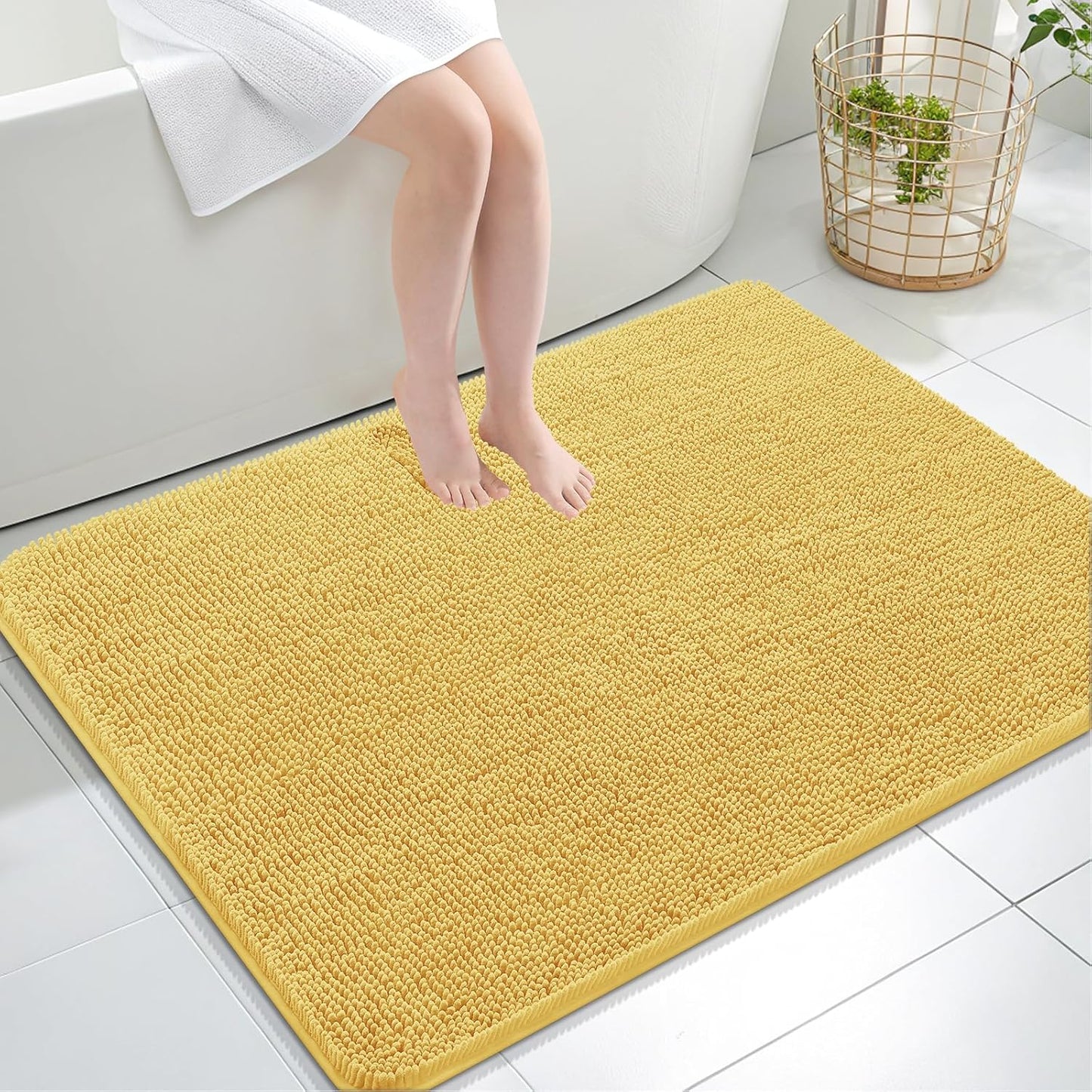 OLANLY Bathroom Rugs 40x32, Extra Soft Absorbent Chenille Bath Rugs, Rubber Backing Quick Dry, Machine Washable Bath Mats for Bathroom Floor, Tub and Shower, Home Decor Accessories, Yellow
