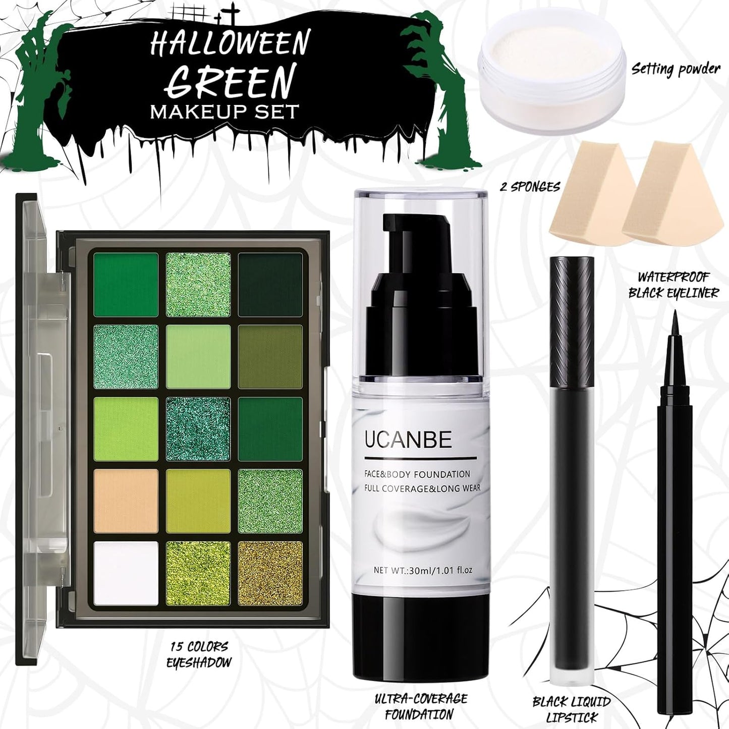 UCANBE Green Halloween Makeup Kit – Zombie Witch Beetle Juice Monster Makeup Set for SFX Costume Cosplay with Eyeshadow Palette, White Foundation, Black Lipstick,Eyeliner, Setting Powder & Sponges