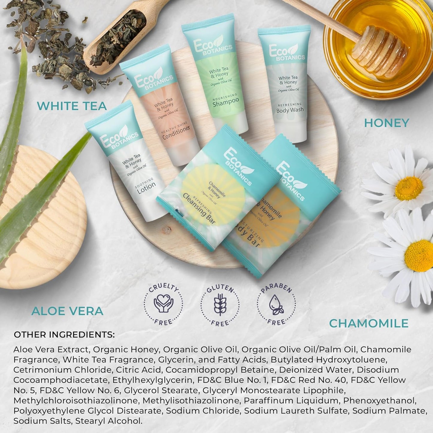 Eco Botanics Amenity & Accessory Kit | 0.85 oz Travel Size Shampoo, Conditioner, Lotion, Body Wash, Soap Bar, Shave & Dental Sets, Make-Up Remover Wipes, & Vanity Kit | 60 sets per case