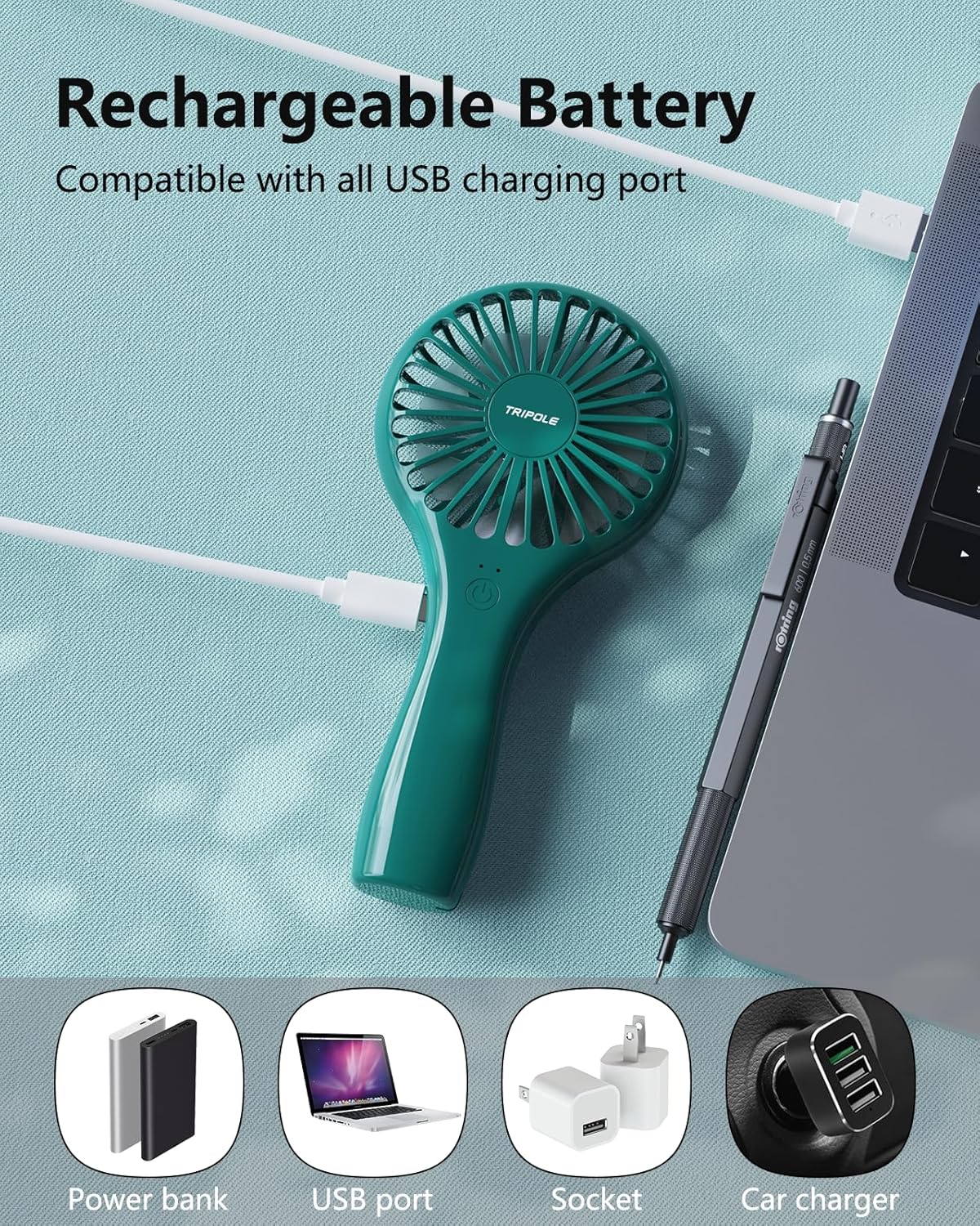 TriPole Mini Portable Handheld Fan - Personal Battery Operated, USB Rechargeable, Strong Wind, Small Electric Makeup Eyelash Fan for Stylish Women Kids Girls Travel Summer Retro Gifts, Dark Green
