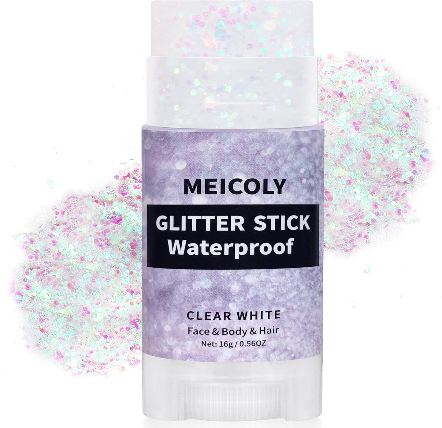 MEICOLY Clear White Face Body Glitter Stick,Hair Glitter Stick for Kids and Women,Sparkle Chunky Glitter Makeup,Waterproof Face Glitter for Party Rave Festival