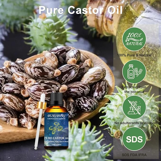BURIBURI Castor Oil Pure Carrier Oil with Applicator Kit, 100% Pure, Organic, Cold-Pressed, Natural Castor Oil 100ml/3.38fl.oz
