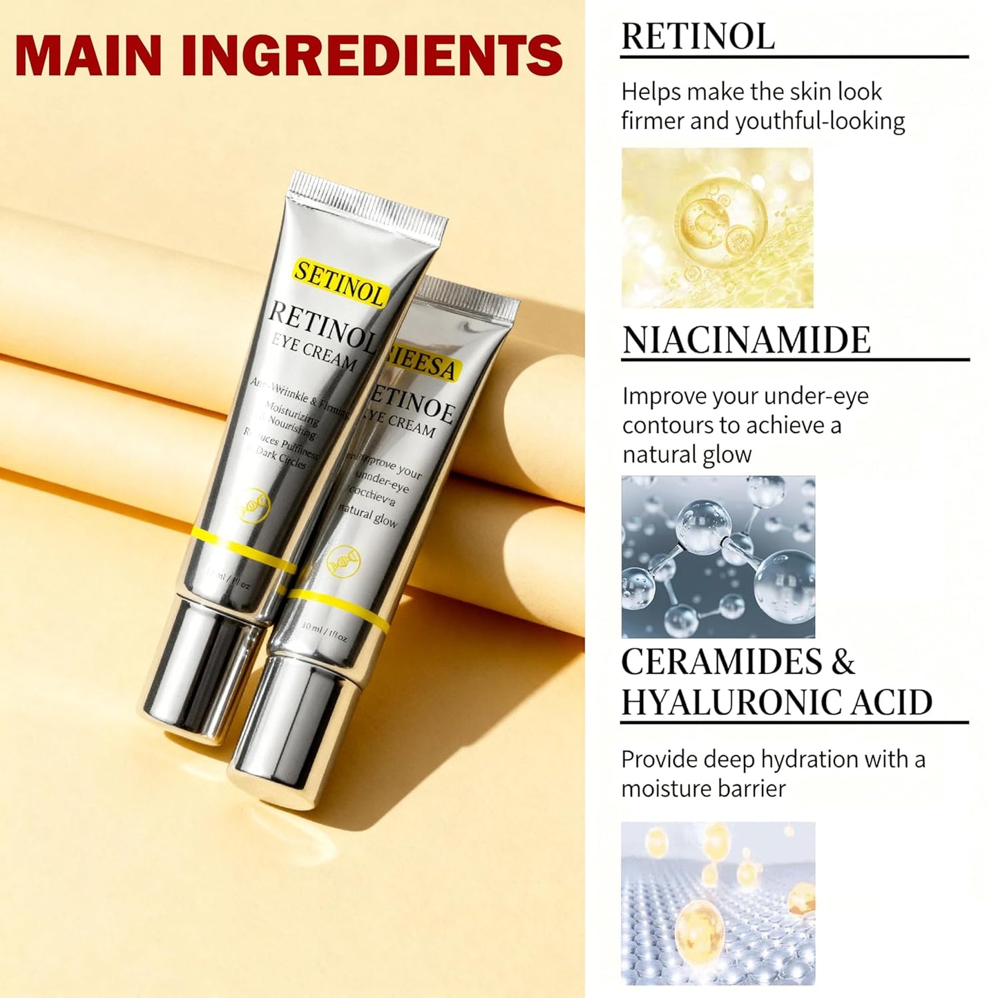 Retinol Eye Cream with Niacinamide, Hyaluronic Acid & Vitamin E – Hydrating Under Eye Cream for Visible Dark Circles, Wrinkle Appearance & Under-Eye Fullness, Anti Aging