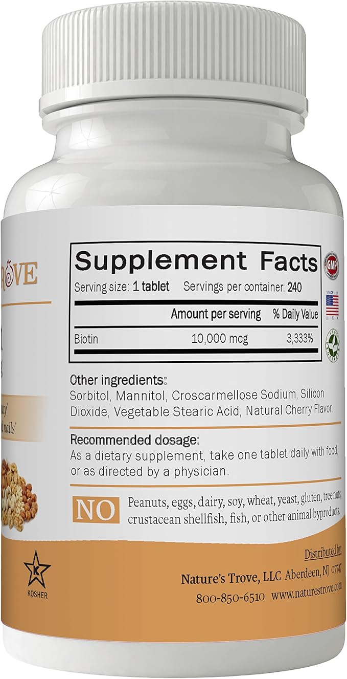 Nature's Trove Biotin 10,000 mcg 240 EZ Chew Tablets Cherry Flavor