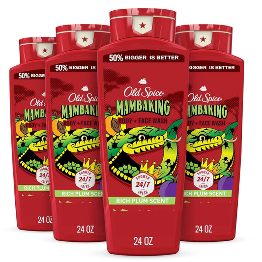 Old Spice Cleansing Body Wash for Men, 3X Defense, 24/7 Shower Fresh with Lasting Scent, 2-in-1 Body & Face Wash, MambaKing with Rich Plum Scent, 24 oz (Pack of 4)