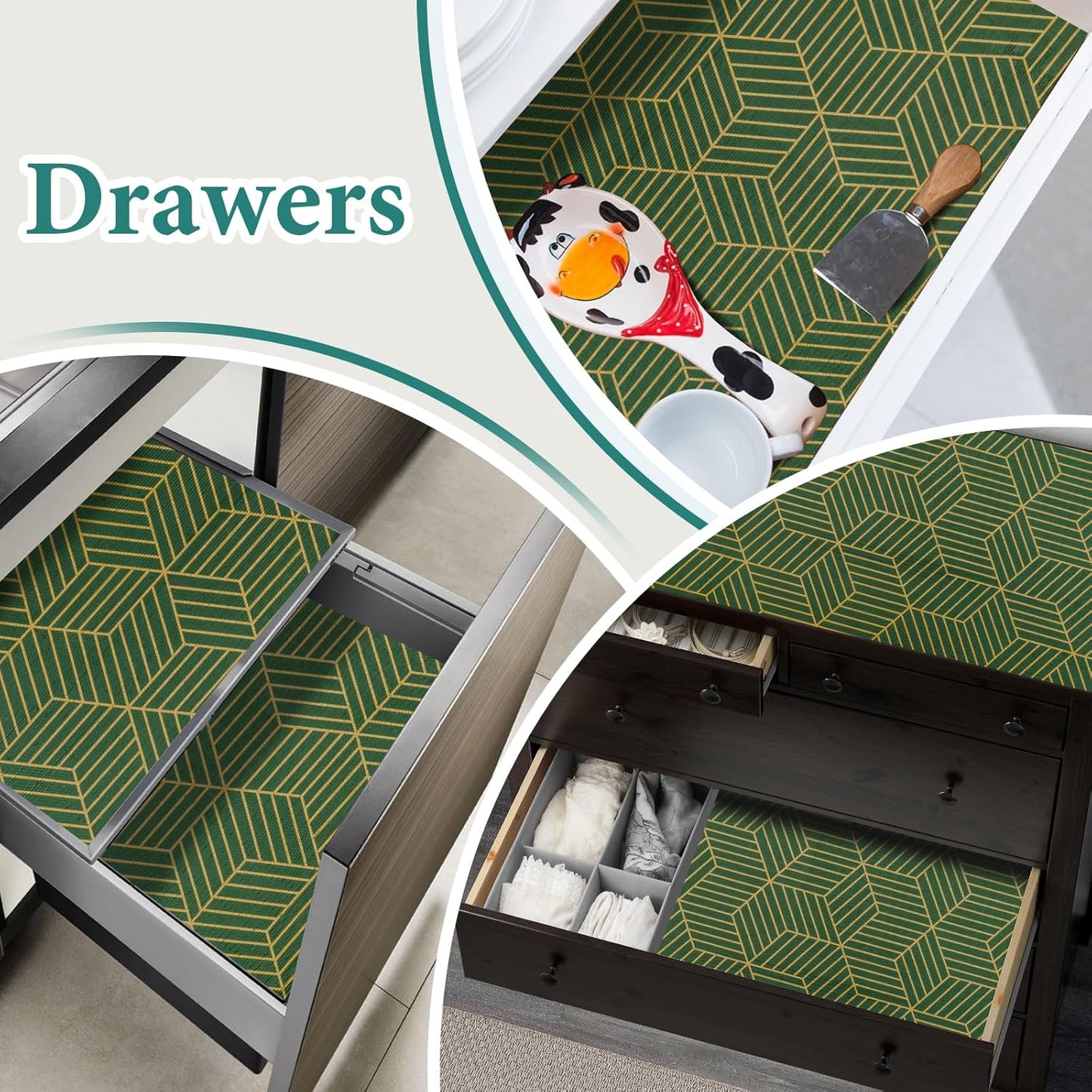 Shelf Liners for Kitchen Cabinets 12in x 20FT, Non Adhesive Cabinet Liner Strong Non-Slip Thickened Gold Green Geometric Drawer Liner, Easy to Clean for Shelf, Cabinet with Knife and Tape Measure