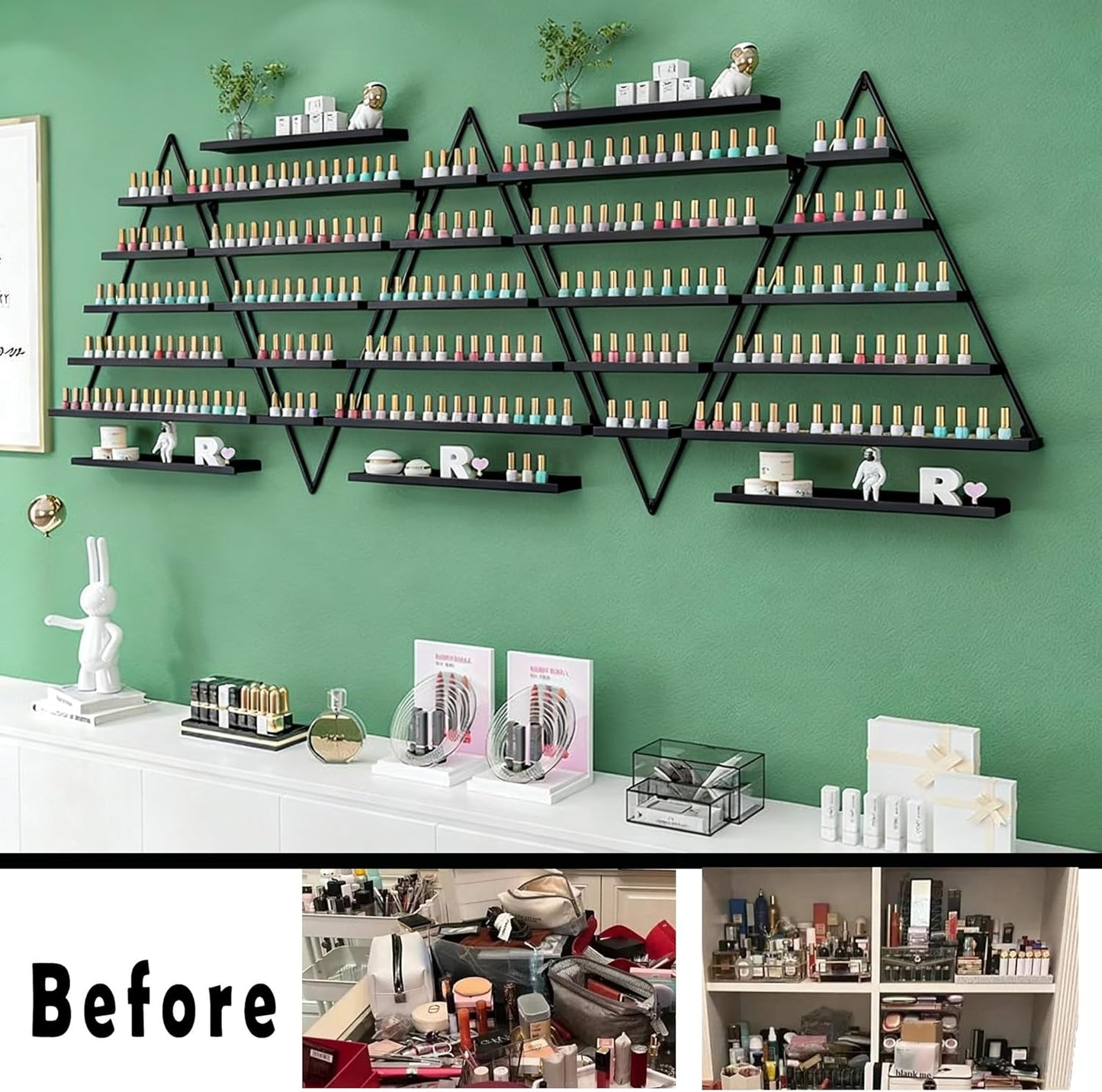 10 Packs Metal Nail Polish Storage Racks, 5 Tiers Wall-Mounted Triangular Display Rack Holds 600 Bottles Cosmetic Display Cases & Lipstick Perfume Display Rack for Home Spas Salons (Black)