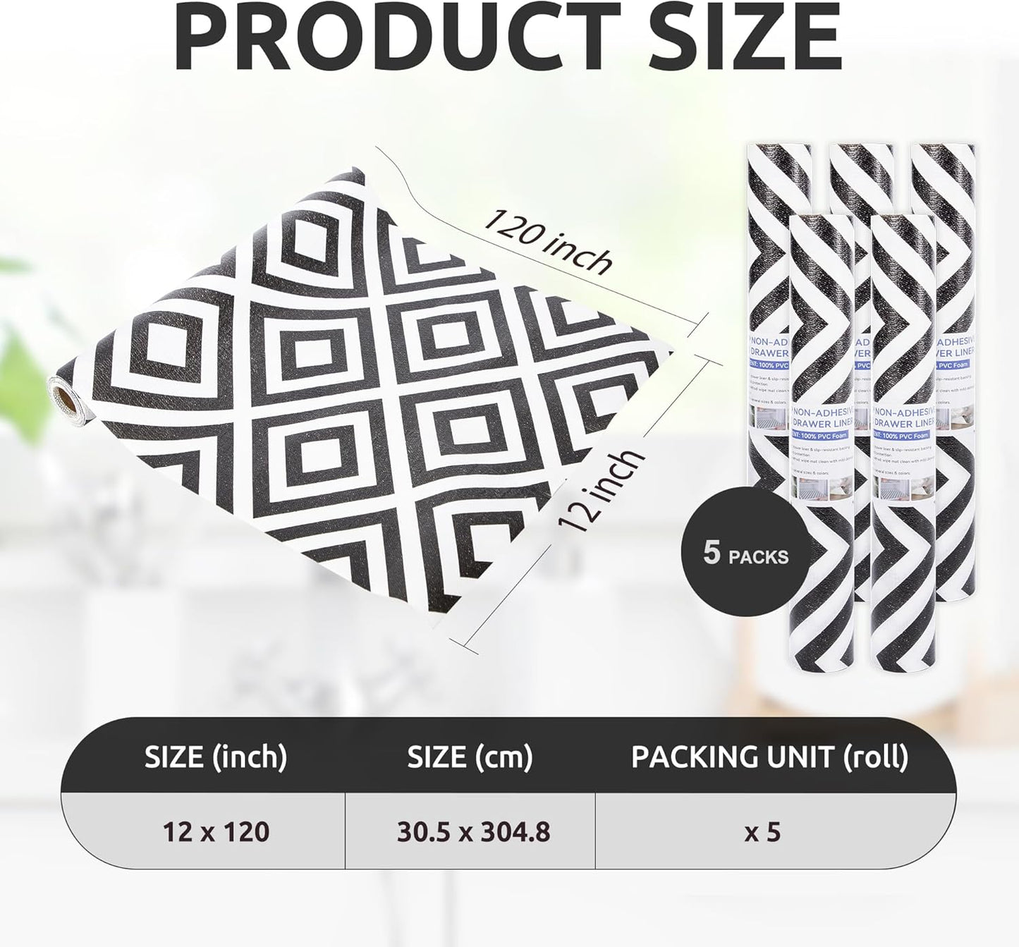 RAY STAR 12X120 Inch Shelf Liner for Kitchen Cabinets, Non-Adhesive Cabinet Liner Washable, PVC Drawer Liner for Dresser Non-Slip Bathroom (Modern Black)(5 Roll)