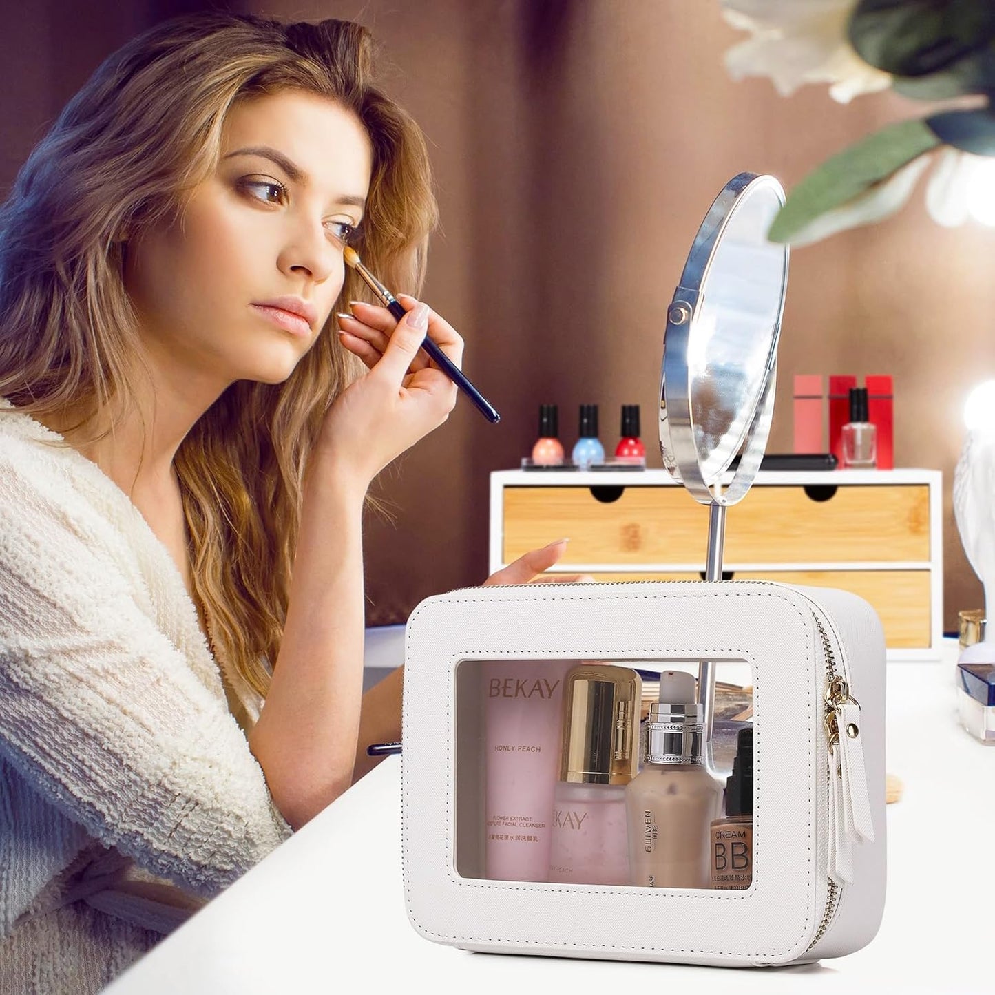 Pinkmik Clear Makeup Bag for Women Waterproof Travel Cosmetics and Toiletries Case Portable Makeup Oaganizer Bag Clear Car Bag with Zipper (White, M+L)