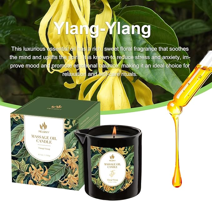 MELONY Massage Oil Candles, Essential Oil+Soy Based, 8.1OZ/230g, Home Spa with Luxurious Body Oil & Lotion Candle, Intensive Skin Treatment Candle, Low Temp Body Safe Wax (Ylang - Ylang)