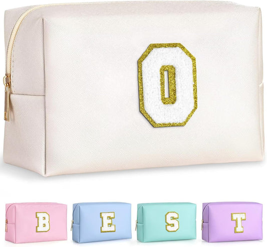 TOPEAST Small Makeup Bag Initial Cosmetic Bag Travel Toiletry Bag, Personalized Birthday Gift for Mom Sister Friends Teacher Nurse, Preppy Travel Stuff for Girls (White O)