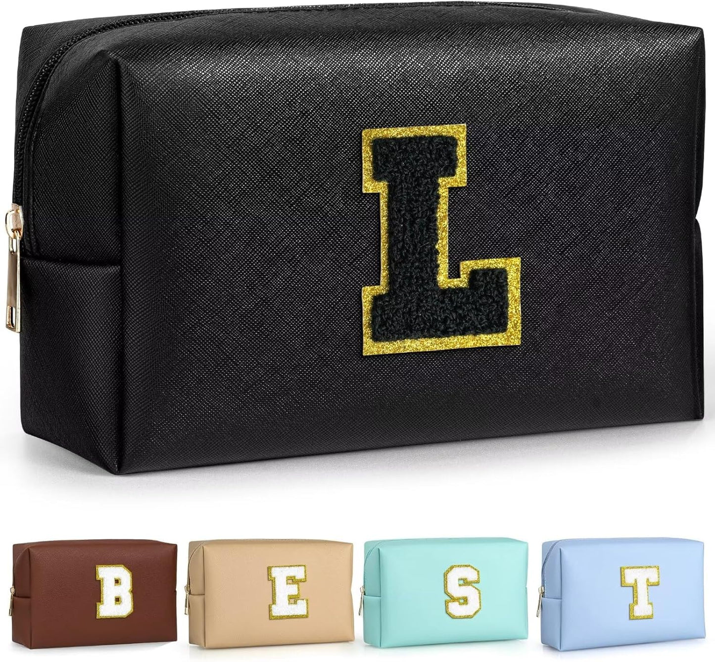 TOPEAST Personalized Birthday Gifts for Women, Preppy Patch Makeup Bag, Chenille Letter Pouch Cosmetic Bag, Travel Organizer, Birthday Gifts for Friends, Cute Stuff (Black L)
