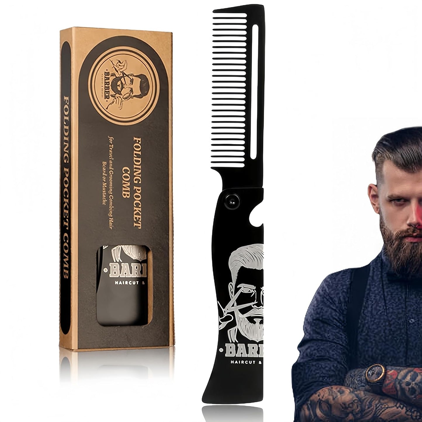 Men's Metal Folding Pocket Beard & Mustache Comb, EDC Knife Comb with Bottle Opener for Outdool Travel - Anti-Static for Hair Styling Pompadour, Slicked-back, Fauxhawk, Undercut - Black
