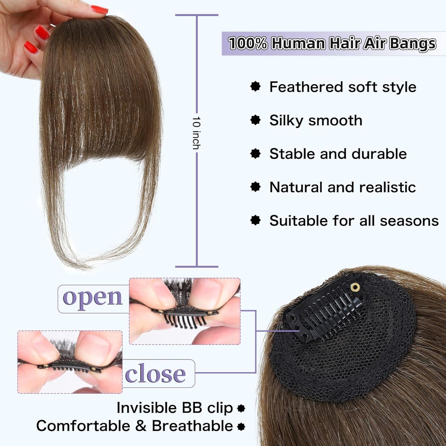 Wispy Bangs Hair Clip, 100% Human Hair Clip In Brown Bangs for Women, Soft Layered Fake Bangs with Feathered Fringe, Easy Clip-On Design for Daily Wear & Halloween