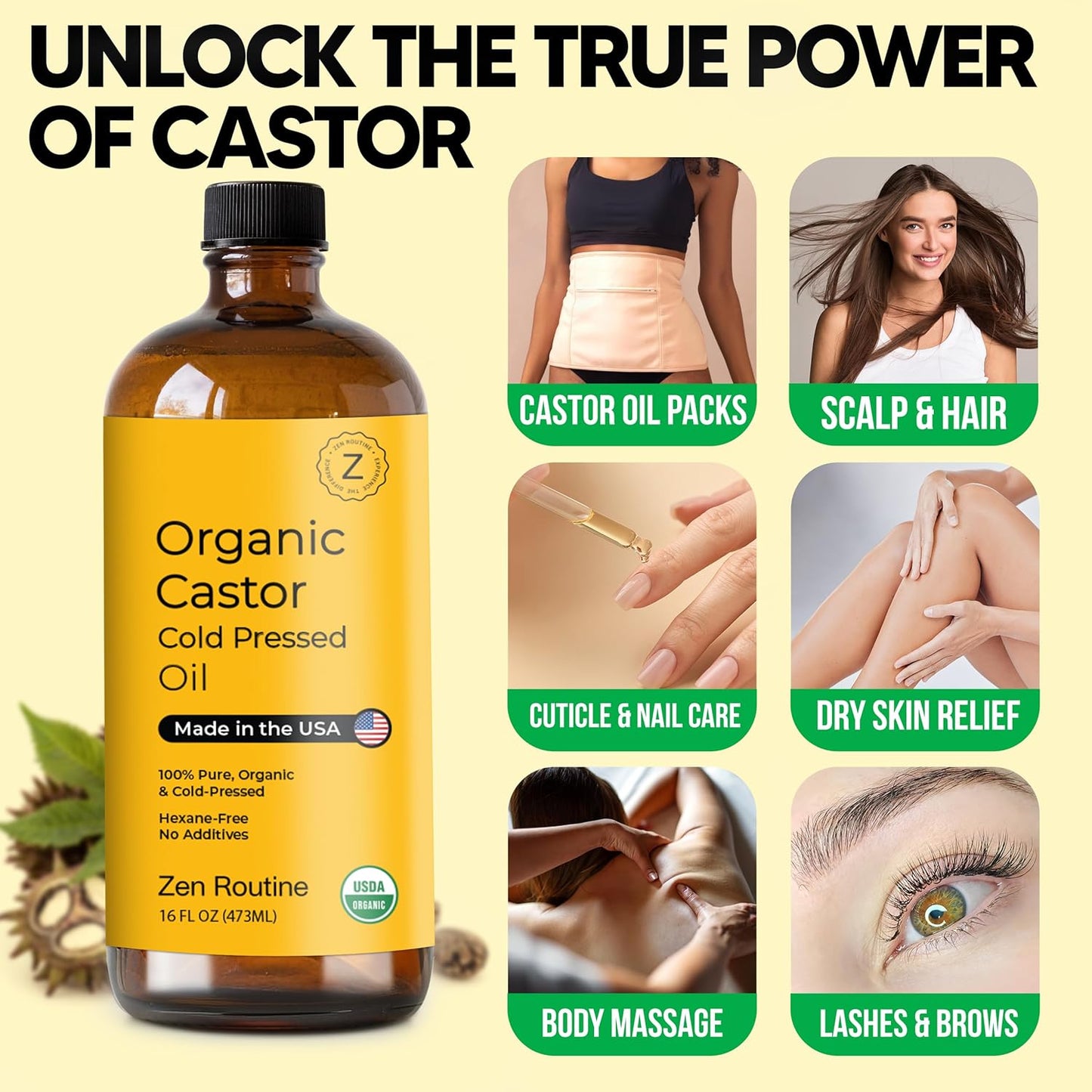 Zen Routine Organic Castor Oil (32oz Big Glass Bottle) Hexane Free – Hair Growth Oil, Eye Lashes & Stomach – Pure 100% Cold Pressed Unrefined Oil for Castor Pack – USDA Certified, Made in the USA