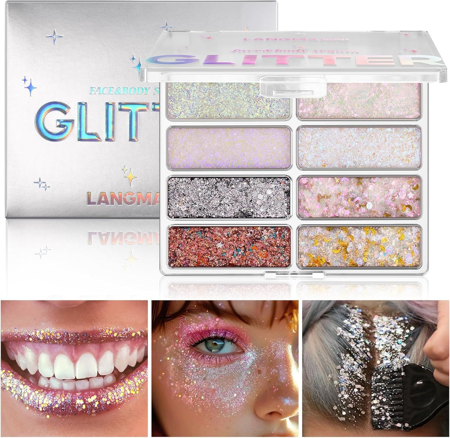 LANGMANNI 8 Colors Face & Body Glitter Palette - Holographic Changing Sparkling Mermaid Sequins for Women Girls Music Festival Party Rave Makeup(#A)