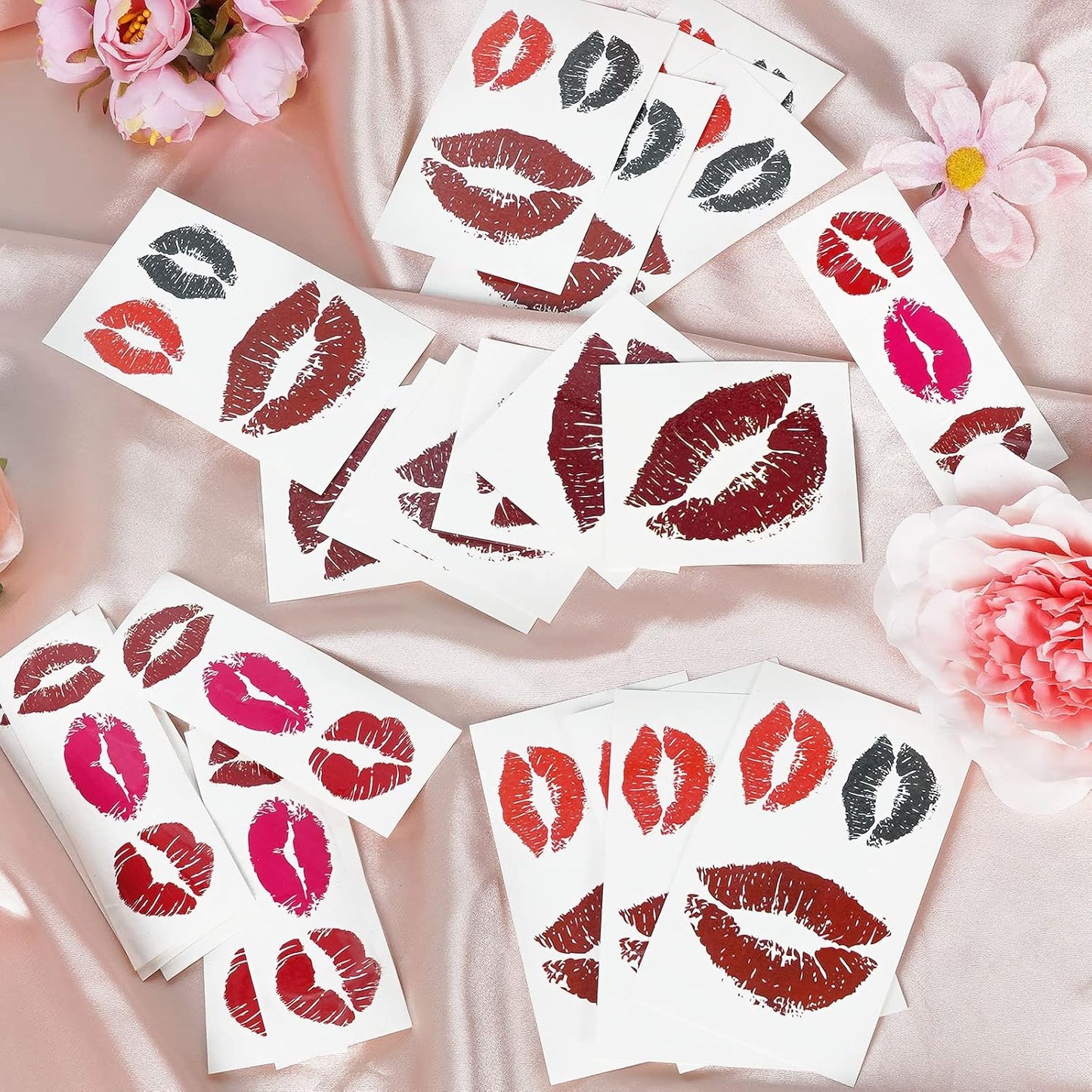 25 Sheets (65Pcs) Red Lips Temporary Tattoo Stickers, Self-adhesive Fake Red Lips Tattoos, Water-proof Face Stickers for Adult Women Girls Face Body Halloween Day Decorations