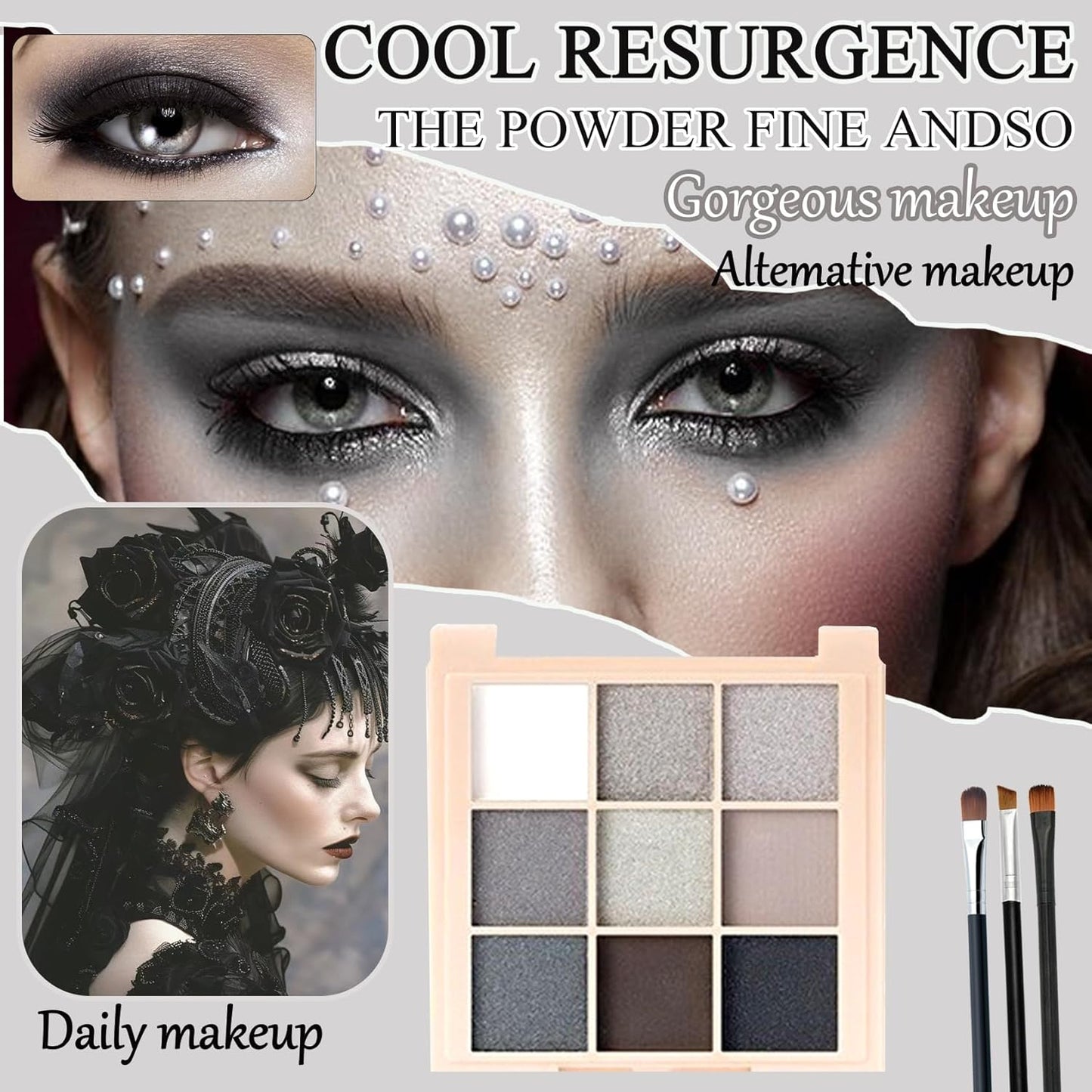 Black Grey Smoky Eyeshadow Palette,15 Colors Matte Shimmer Pigmented Eye Shadow Makeup Palette Set with 3 Eyeshadow Brushes,Glitter Eyeshadow Makeup Palette for Daily Halloween Goth Makeup(F)