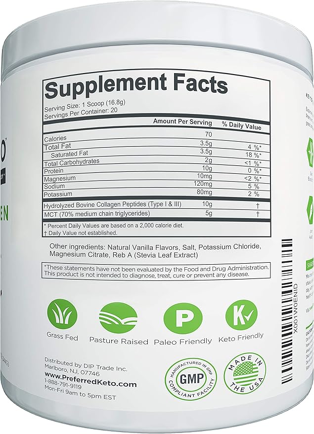 Keto Collagen Protein Powder with MCT Oil – Keto and Paleo Friendly Grass Fed and Pasture Raised Hydrolyzed Collagen Peptides – Fits Low Carb Diet and Keto Snacks – KEYTO Vanilla Flavor