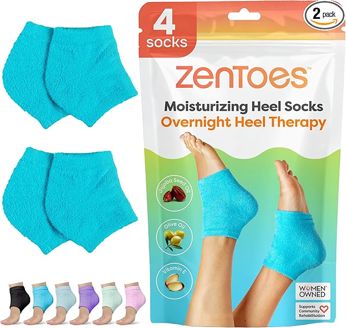 ZenToes Moisturizing Socks for Cracked Heel Treatment - Vitamin E, Olive Oil and Jojoba Oil Infused Heel Socks to Soften and Hydrate (Fuzzy Blue, Wide Width)