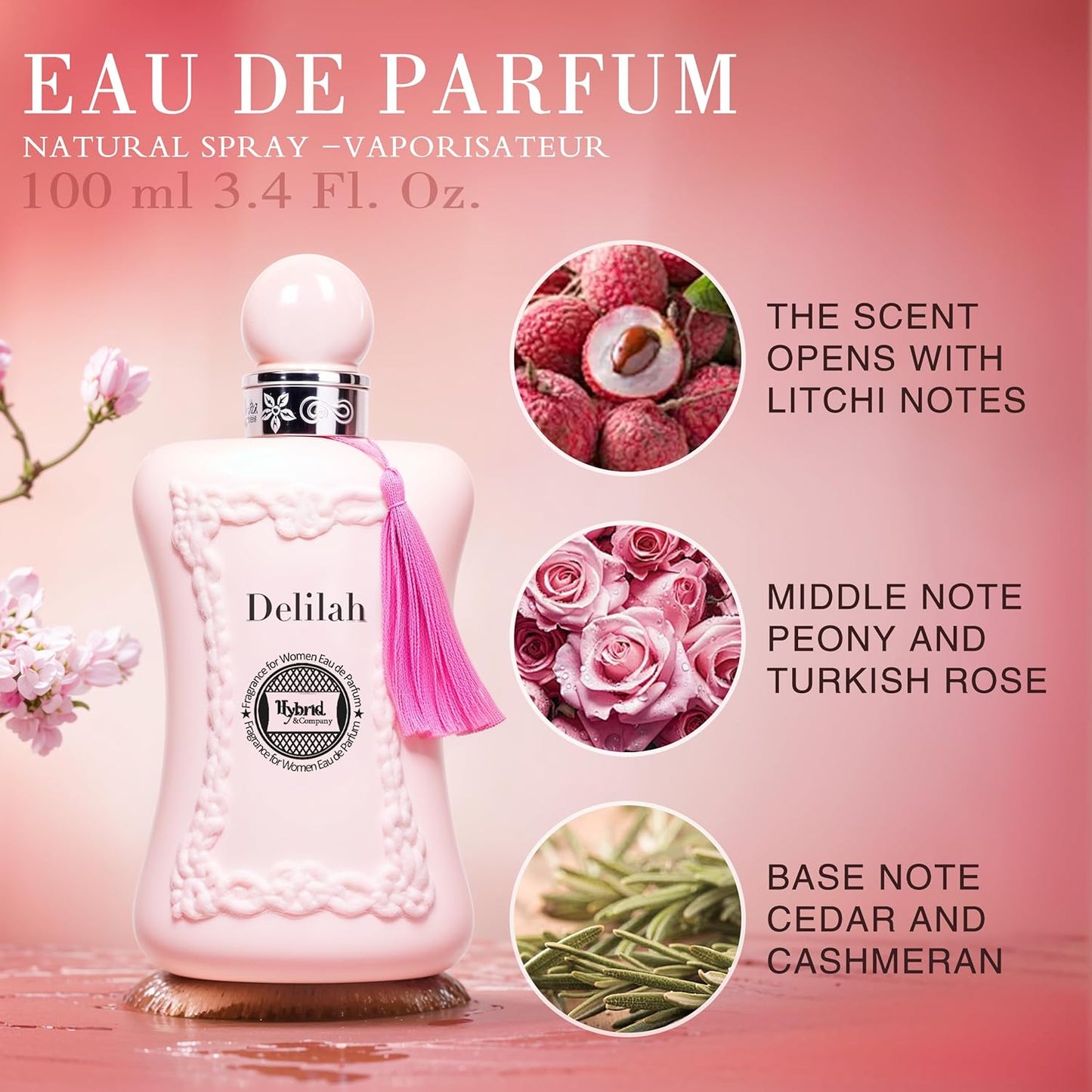 Hybrid & Company Delilah Compelling Captivating Fragrance For Women Floral Scent Womens Perfume, 3.4 Fl Oz