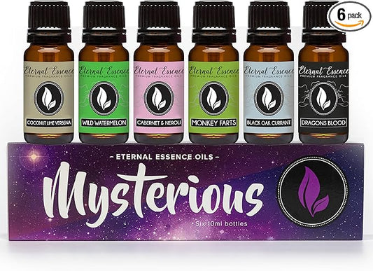 Eternal Essence Oils Mysterious Set of 6 Premium Fragrance Oils - Coconut Lime Verbena, Cabernet & Neroli, Dragons Blood, Wild Watermelon, Monkey Farts, and Black Oak Currant Scented Oils - 10ML