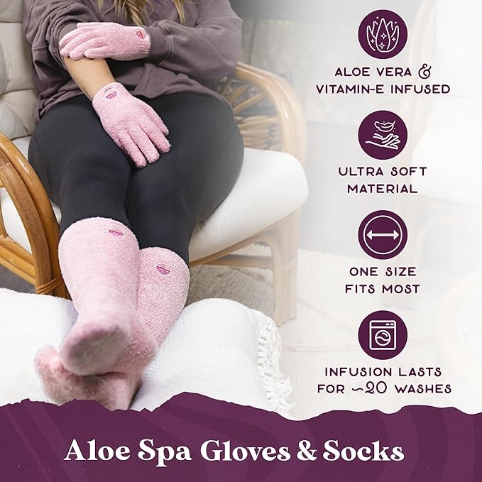 Purple Canyon Moisturizing Socks & Gloves and Heel Balm Foot Care Kit | Pink Socks and Gloves Infused with Aloe Vera and Vitamin E | Cracked Heel Treatment for Self Care