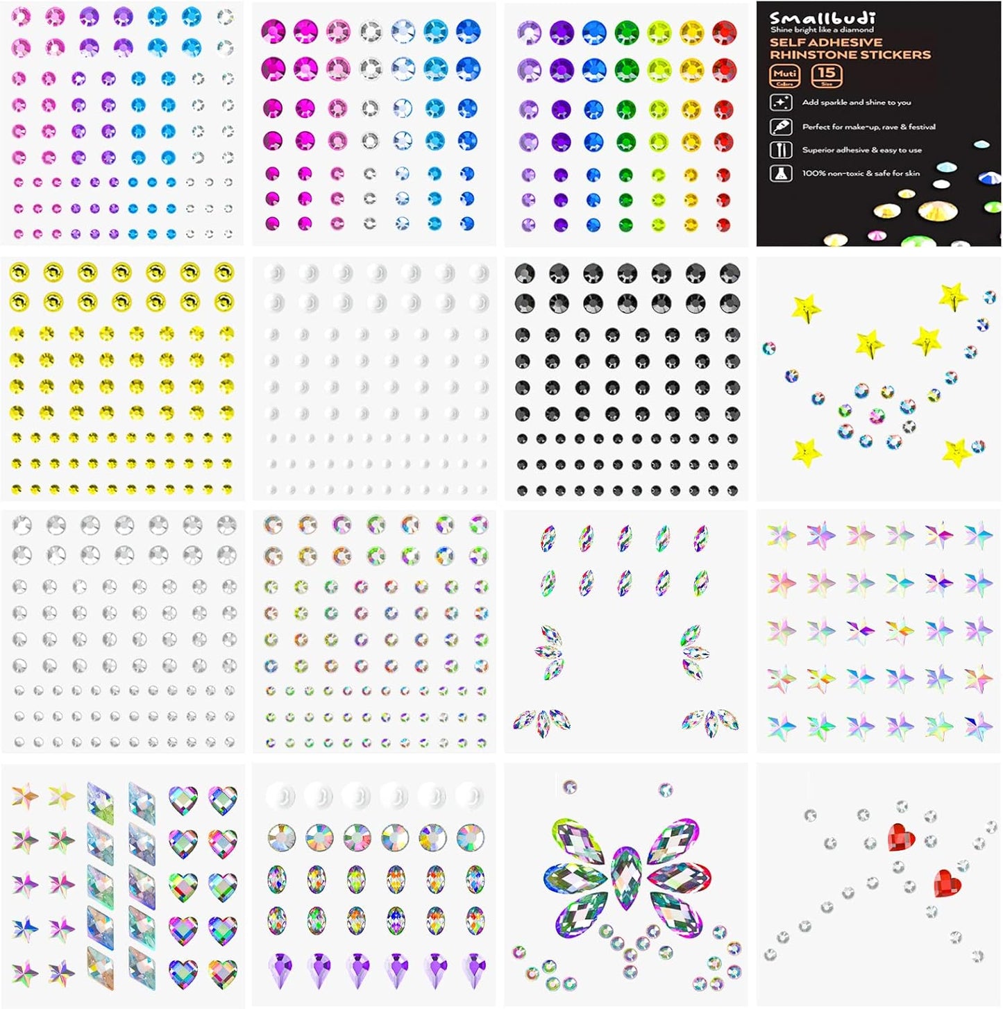 15 Sheets Face Gems Jewels Stick on Eye Body, Self Adhesive Rhinestones Stickers Rainbow Crystal Face Gems Jewels for Decorations Crafts Nail Makeup in 3 Size 15 Colors