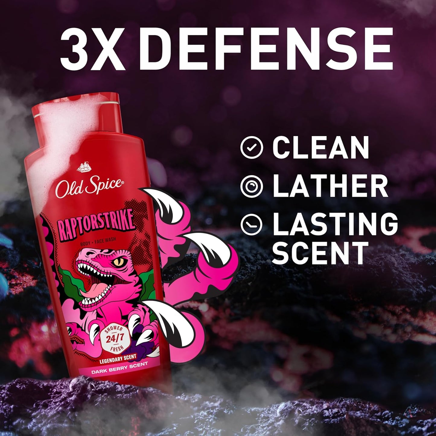 Old Spice Cleansing Body Wash for Men, 3X Defense, 24/7 Shower Fresh with Lasting Scent, 2-in-1 Body & Face Wash, Raptorstrike with Dark Berry Scent, 24 oz (Pack of 4)