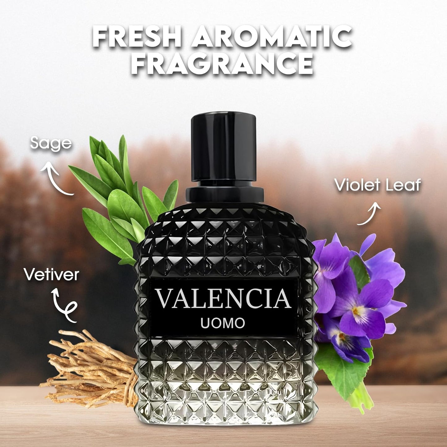 Valencia Uomo Sensual Woody Fragrance for Men | Long Lasting Cologne Aromatic Scent, Eau de Parfum Natural Spray - Great Holiday Gift, 3.4 Fl Oz/100 Ml