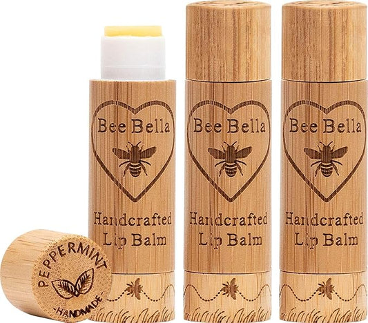 Bee Bella Lip Balm, Peppermint, 3 Pack - Hydrating Lip Care, 100% Natural, Original Organic Beeswax with Vitamin E, Handmade in USA, Easter Basket Gift