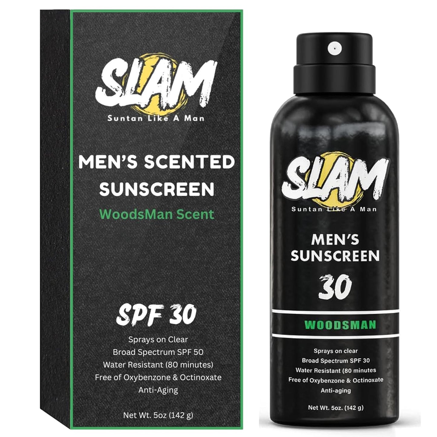 SLAM WoodsMan Men's Scented Sunscreen Spray SPF 30 – Broad Spectrum Sun Screen Spray for Face & Body, Water Resistant & Sweat Resistant Sunscreen, UVA/UVB Protection, Sunblock for Men
