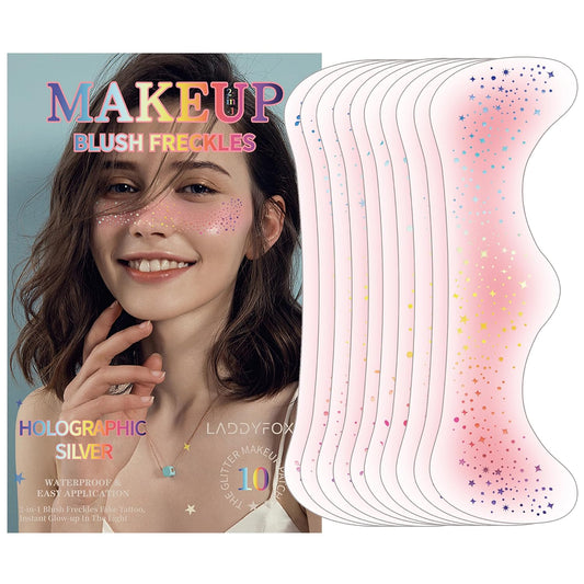 10 Pcs Holographic Multichrome Glitter Freckles Face Tattoos, 2-in-1 Rose-pink Blush and Holographic Laser Temporary Tattoos, Waterproof and Long-lasting Face Makeup Tattoos for Women and Girls