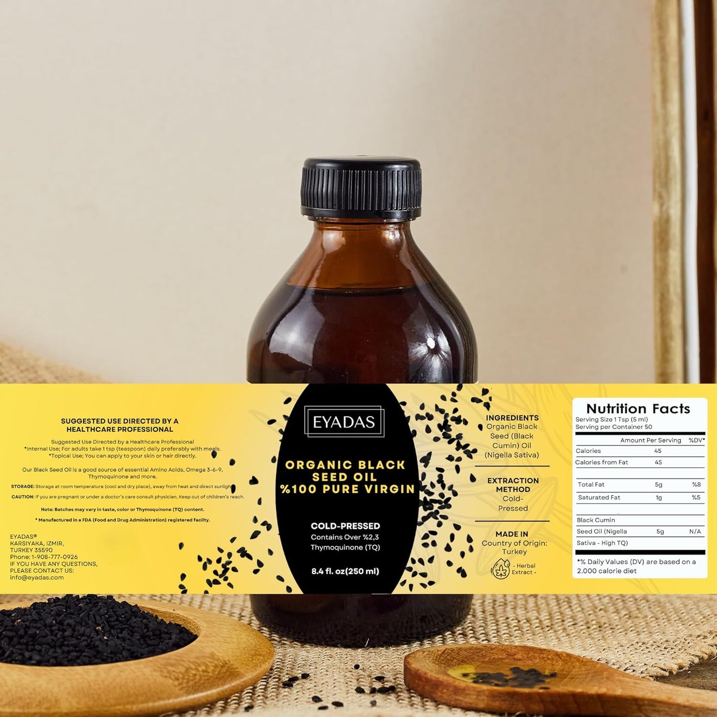 Organic Black Seed Oil 8.4 Fl Oz – 100% Turkish Cold-Pressed Nigella Sativa with 3X Thymoquinone – Pure Cumin Extract in Amber Glass Bottle for Immune, Hair, Skin & Overall Wellness