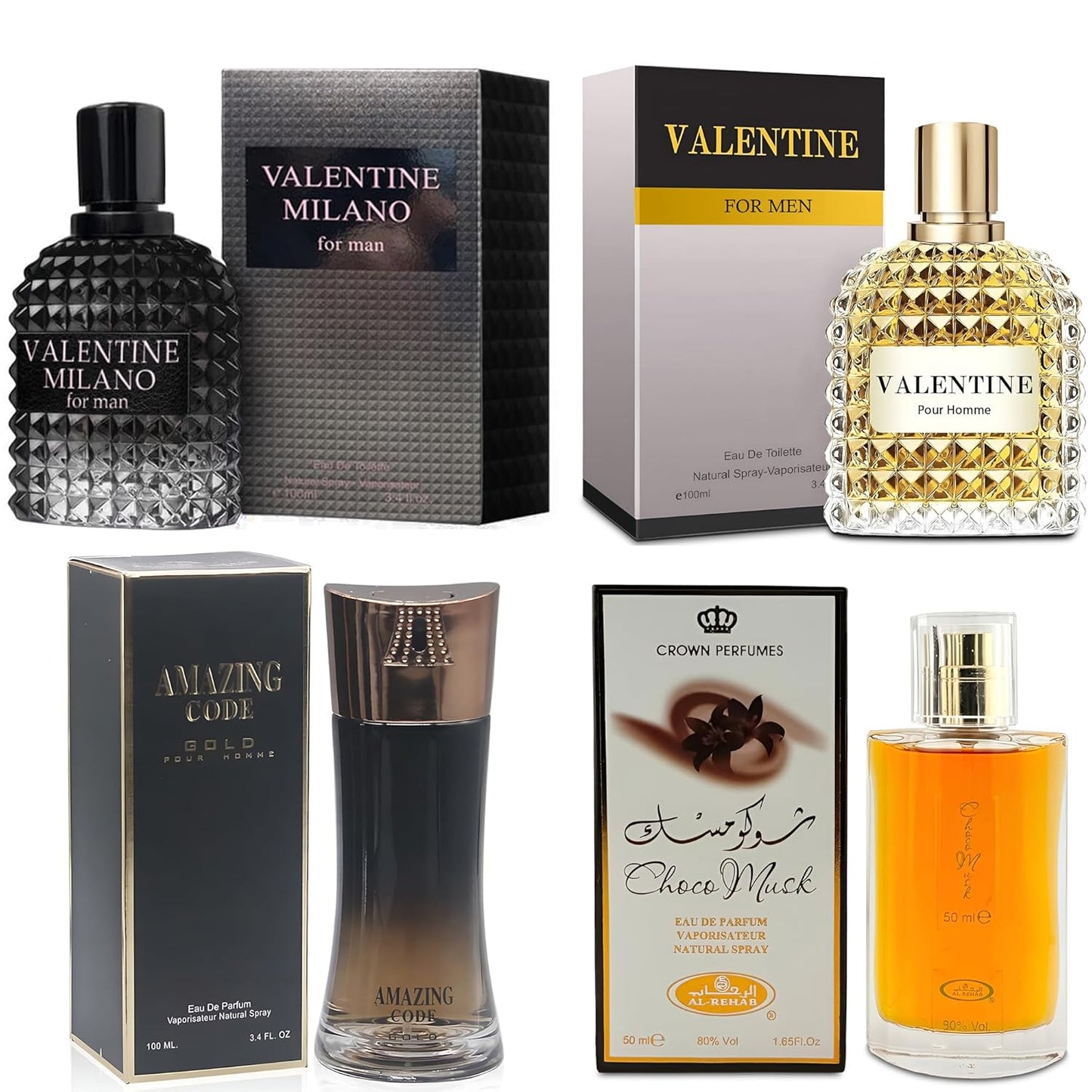 Men's Cologne Gift Set Include Valentine Milano,Valentine,Choco Musk & Amazing Code Gold - 3.4 Fl Oz Each | Vanilla Bourbon, Leather & Amber Floral Fragrance | Luxury Eau de Toilette Quartet