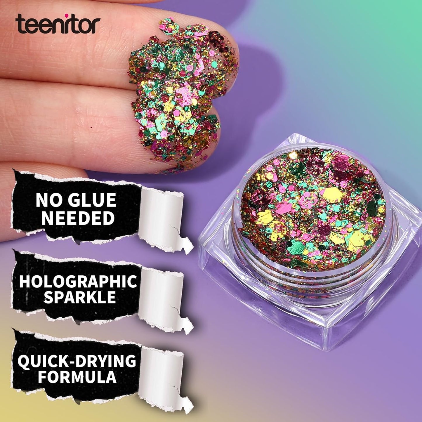 Teenitor Body Glitter Face Glitter for Halloween Makeup, Gold Purple Green Mixed Festival Glitter, Hair Glitter Gel for Halloween Rave Festival, Mardi Gras Glitter for Women Kids