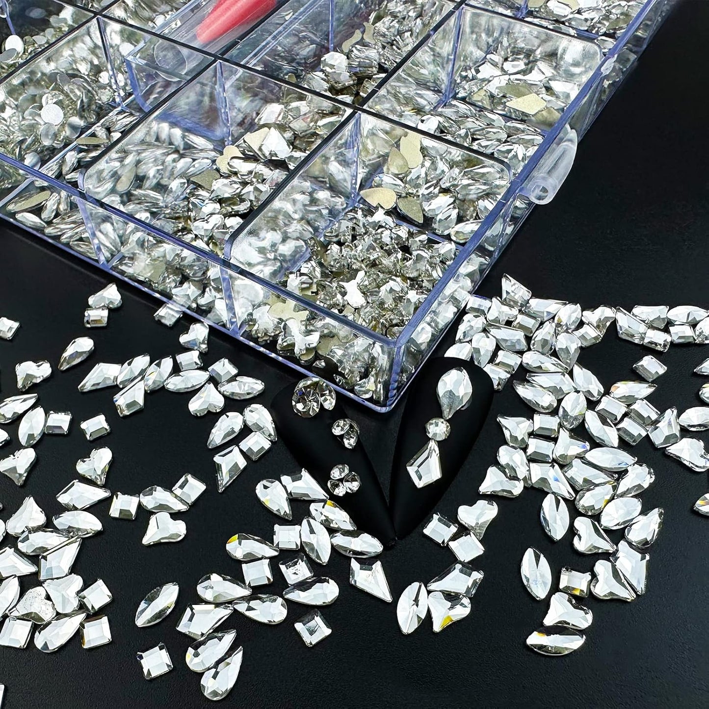 HUETFAT 14 Shaped Clear Nail Rhinestones for Art +6 Size Round Flatback Nails-Silver Charms with Wax Pen