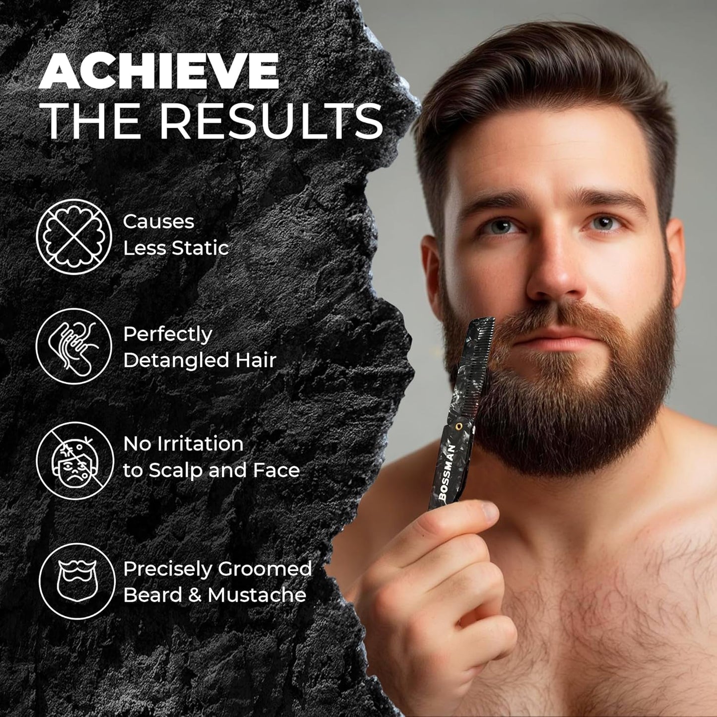 Bossman Acetate Folding Comb for Men – 3.5-Inch Travel Mustache & Beard Comb, Portable Pocket Hair Tool