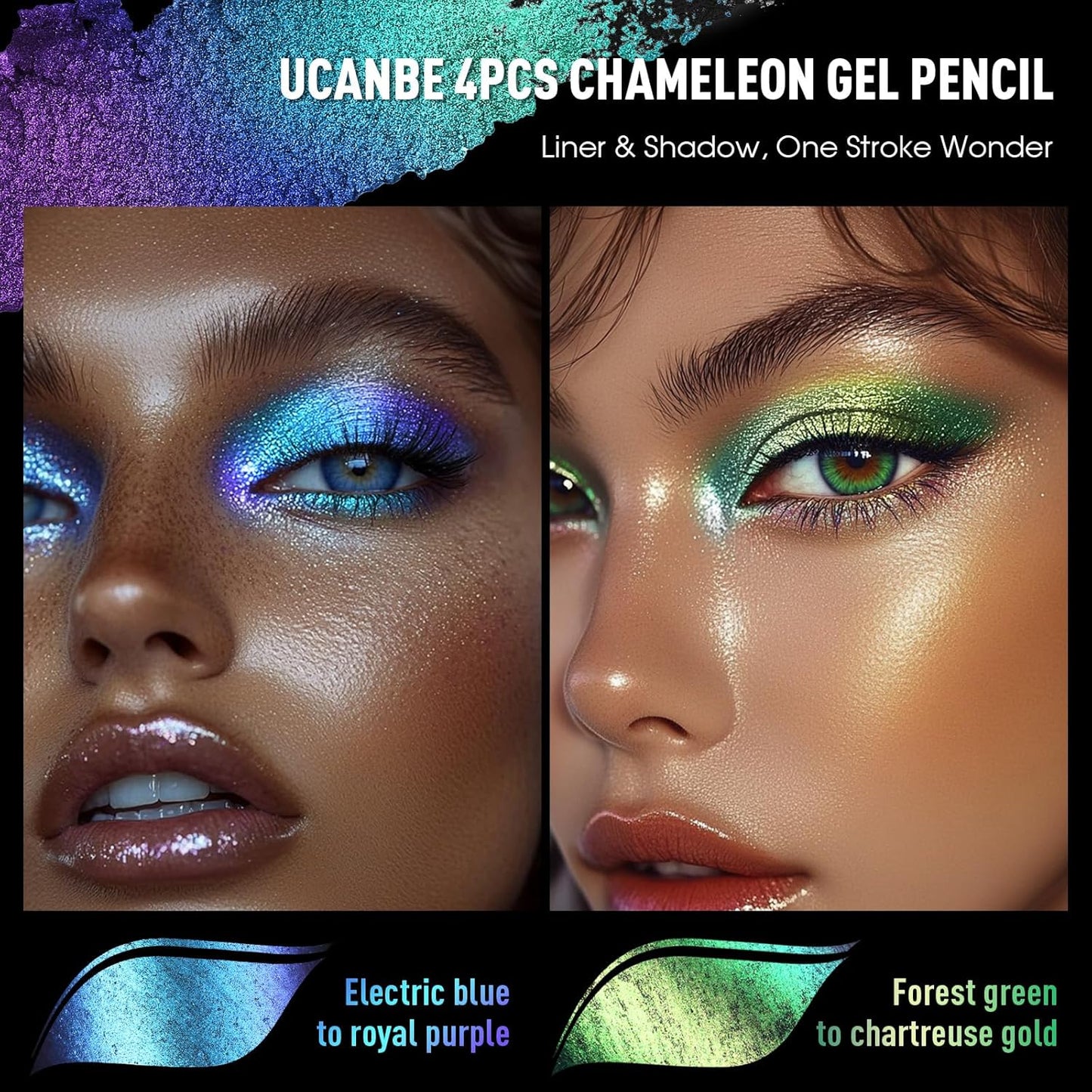 UCANBE 2PCS Chameleon Eyeshadow & Eyeliner Gel Pencil Set - Multichrome Shifting Colors Metallic Glitter Eye Makeup,Waterproof Long-Lasting Smudge-Proof Multi-Dimensional Color