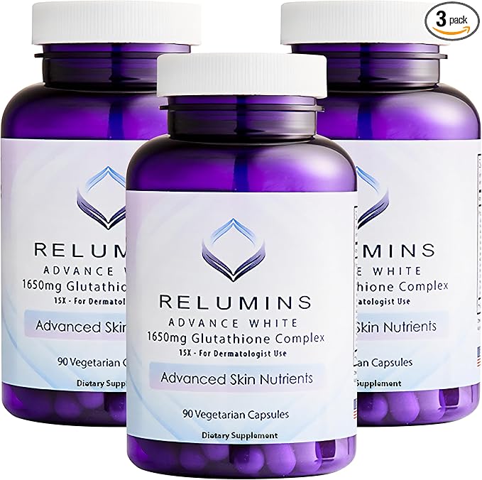 Relumins L-Glutathione Complex 1650mg - Antioxidant Support with Alpha Lipoic Acid, NAC, L-Methionine, Vitamin E - Halal & cGMP Certified, Skin Health Supplement - 90 Vegetarian Capsules x 3 Bottles