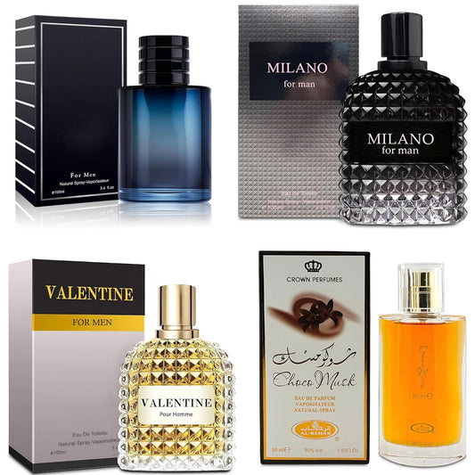 4-Piece Cologne for Men Includes Choco Musk/SE/Valentine/Milano Scent of Woody, Spicy, Citrus & Aromatic eau de parfum Men Gift Set Each 100Ml for Daily Use